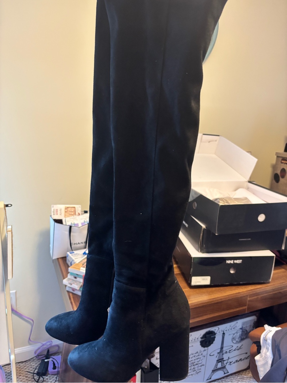 Nine West Black Suede Over-the-Knee Block Heel Boots
